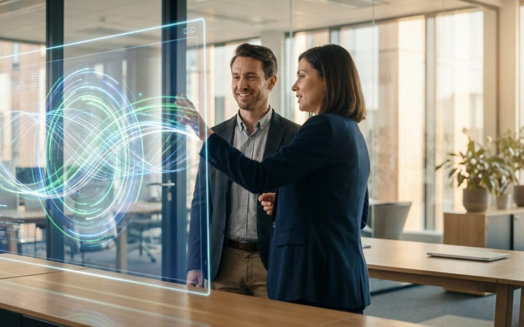 Two professionals, a recruiter gesturing at a transparent digital display showing glowing AI data patterns, and a candidate looking on in a modern, well-lit office.
