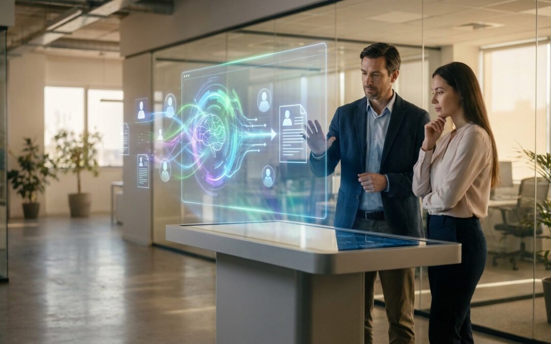 Two professionals observe a holographic display showing AI-driven candidate pre-selection with data streams and profiles in a modern office.