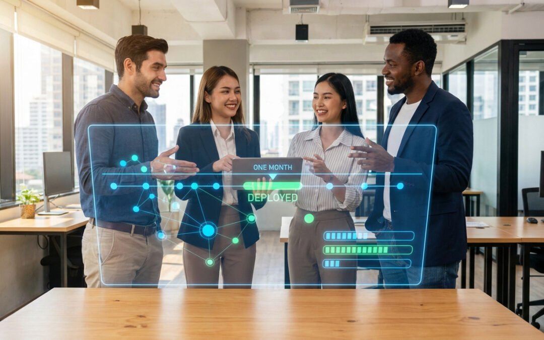 Quatre professionnels divers souriants examinent un affichage holographique bleu montrant "DEPLOYED" et des barres de progression.