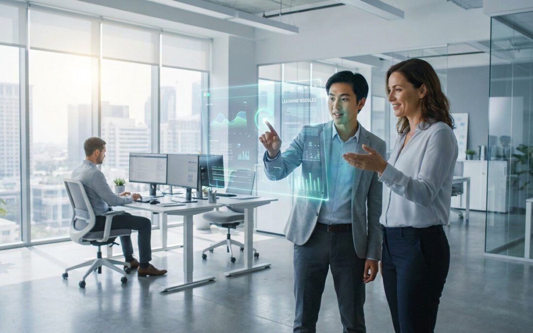 A mentor guides a new employee using a glowing holographic data display in a sunny, open-plan office; a third person works.