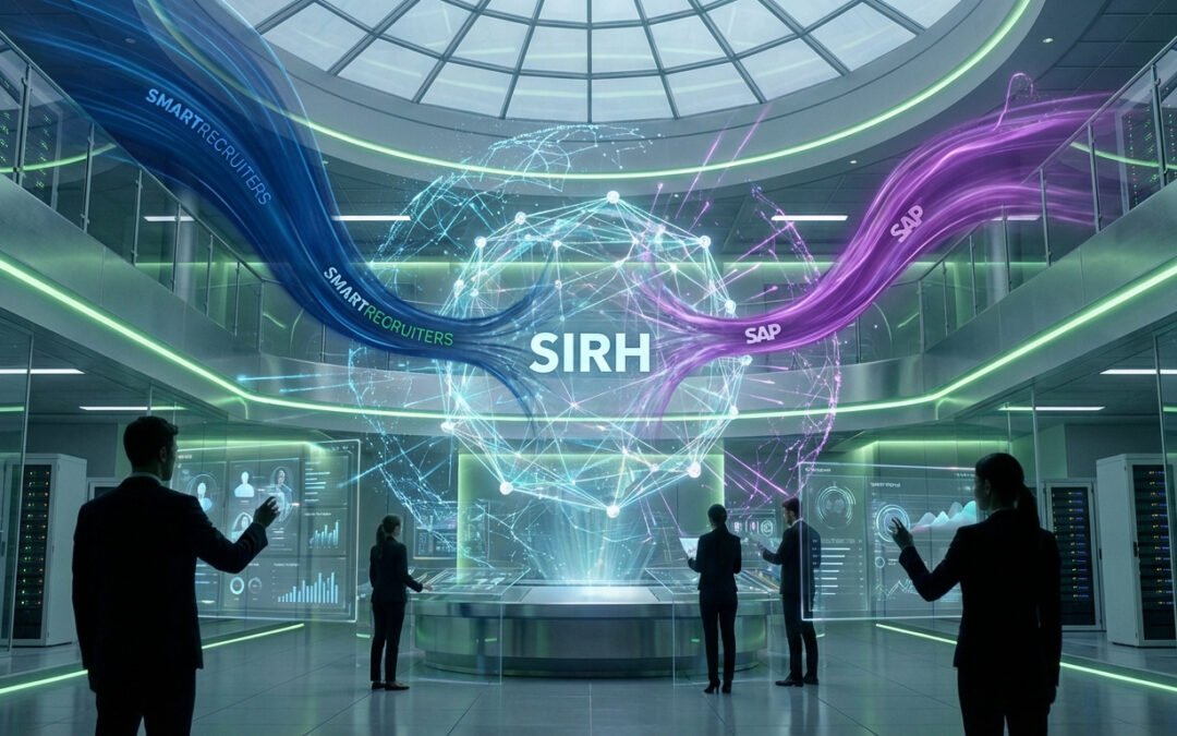 Représentation futuriste de l'intégration SmartRecruiters (bleu) et SAP (violet) convergeant vers un SIRH central. Des personnes interagissent avec des interfaces holographiques.