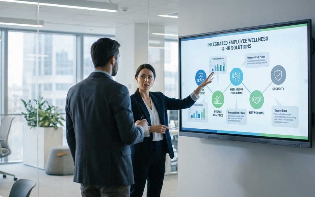 Deux professionnels en réunion, une femme présente un schéma de solutions RH et bien-être sur un écran tactile en bureau moderne.