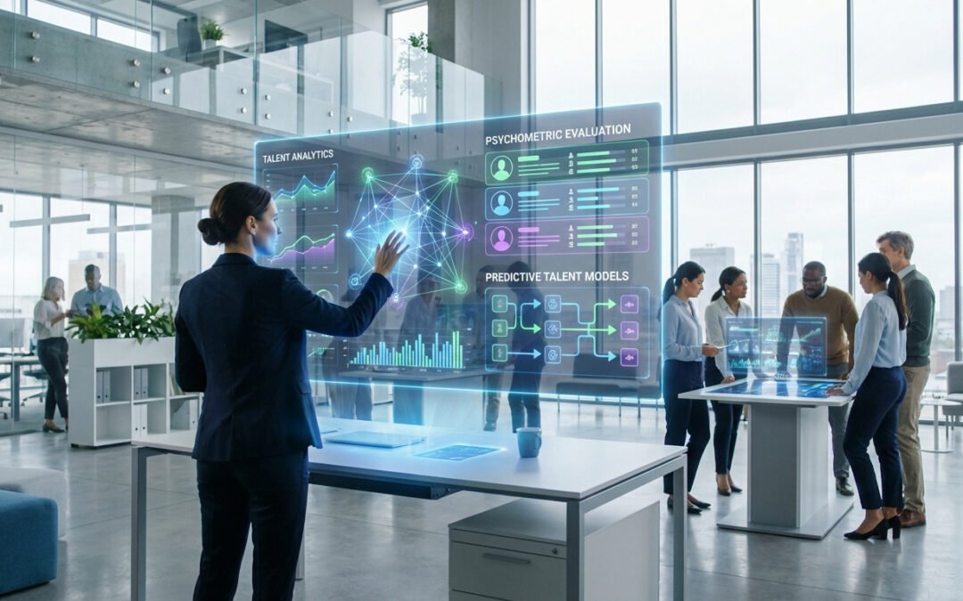 Femme interagissant avec un écran holographique d'analyse des talents et évaluation psychométrique. Des collègues collaborent dans un bureau moderne.