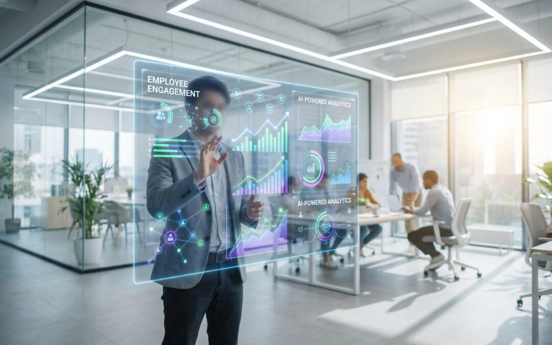 Homme manipulant un tableau de bord holographique d'analytics RH. Graphiques et données sur l'engagement des employés par IA dans un bureau ensoleillé.