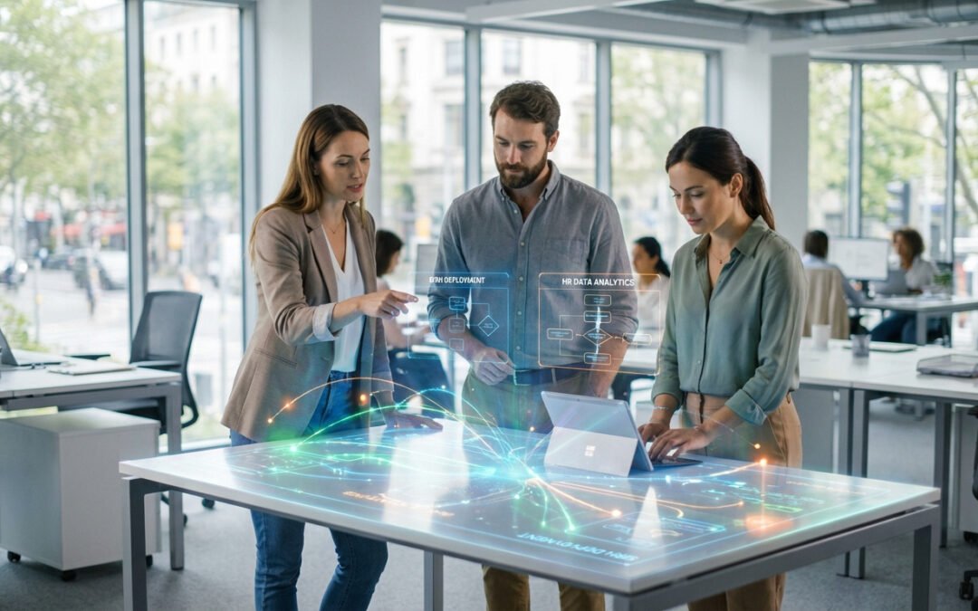Trois professionnels dans un bureau moderne interagissent avec des projections holographiques sur une table, affichant des données SIRH.