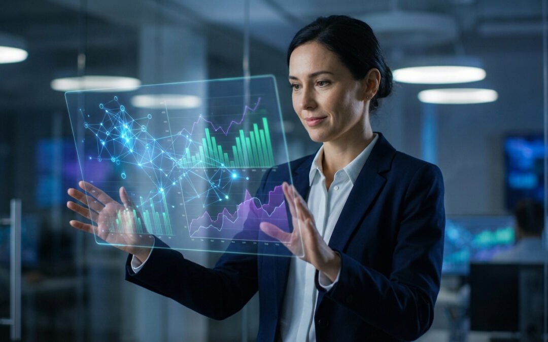 Une femme d'affaires analyse des graphiques de données complexes sur un écran holographique transparent dans un bureau moderne.